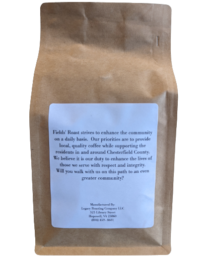 fields roast back of coffee-bags whole bean coffee available for purchase online or in store in Chesterfield County VA