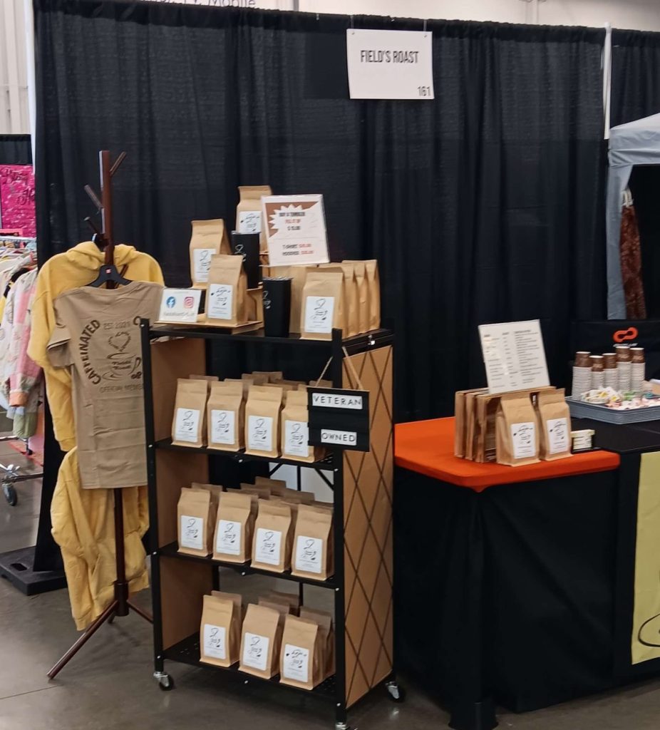 display of coffee beans and tshirts