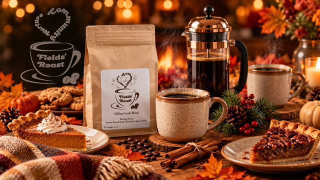 Fields Roast Falling Creek Blend coffee with French press, mugs, pumpkin and pecan pie, and cozy fall holiday decorations